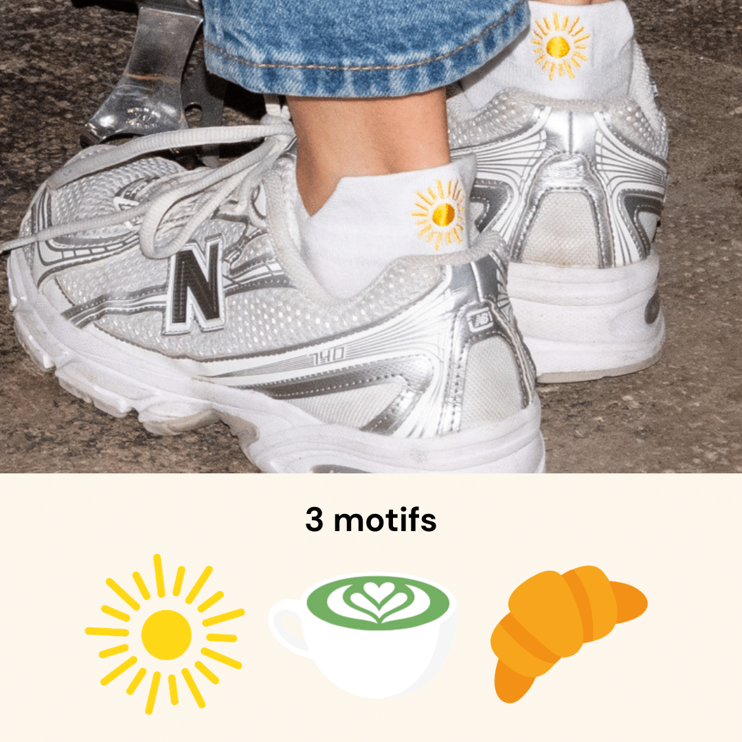 Pack Sunday Morning – kurze Socken mit Matcha-, Sonnen- und Croissant-Stickerei
