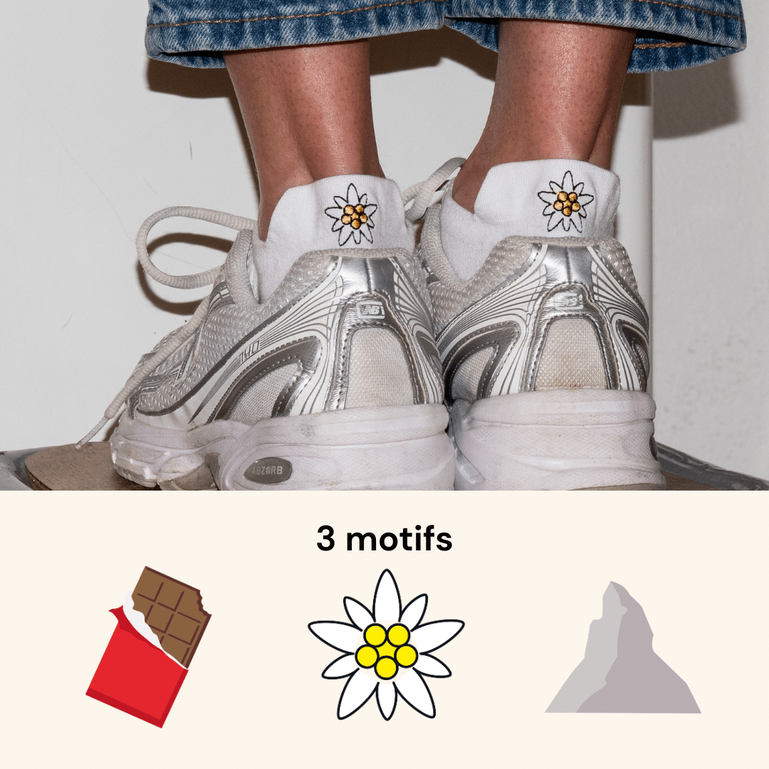 Pack 100% Schweiz – kurze Socken mit Schoggi-, Matterhorn- und Edelweiss-Stickerei