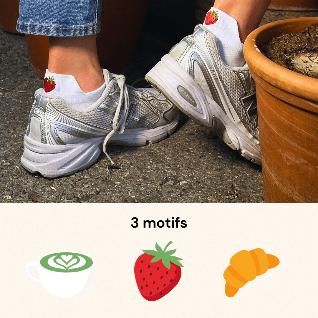 Pack Foodie Sunday - chaussettes courtes broderie matcha, fraise et croissant