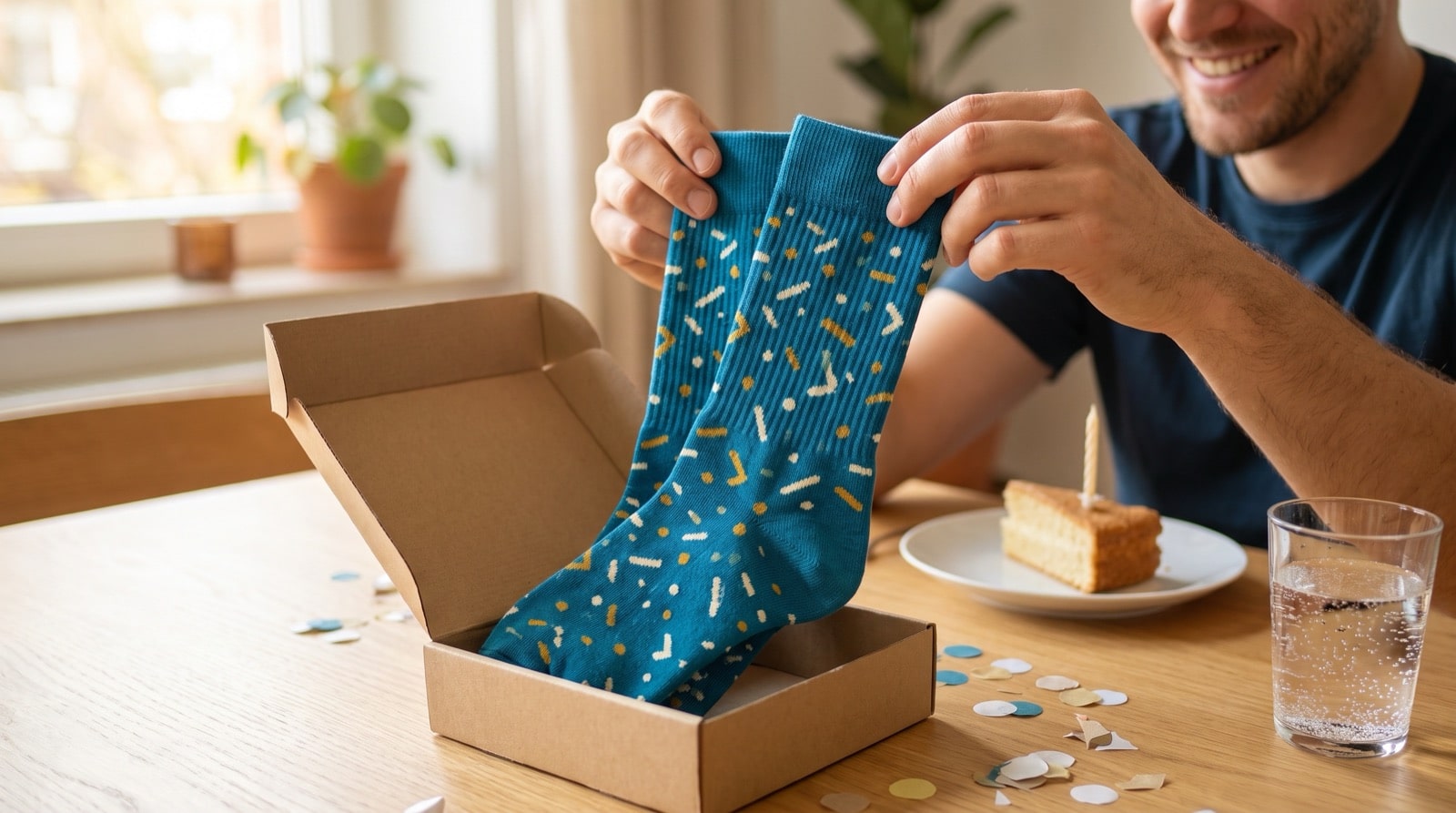 Chaussettes à motifs colorés sorties de leur boîte cadeau lors d un anniversaire, part de gâteau et confettis