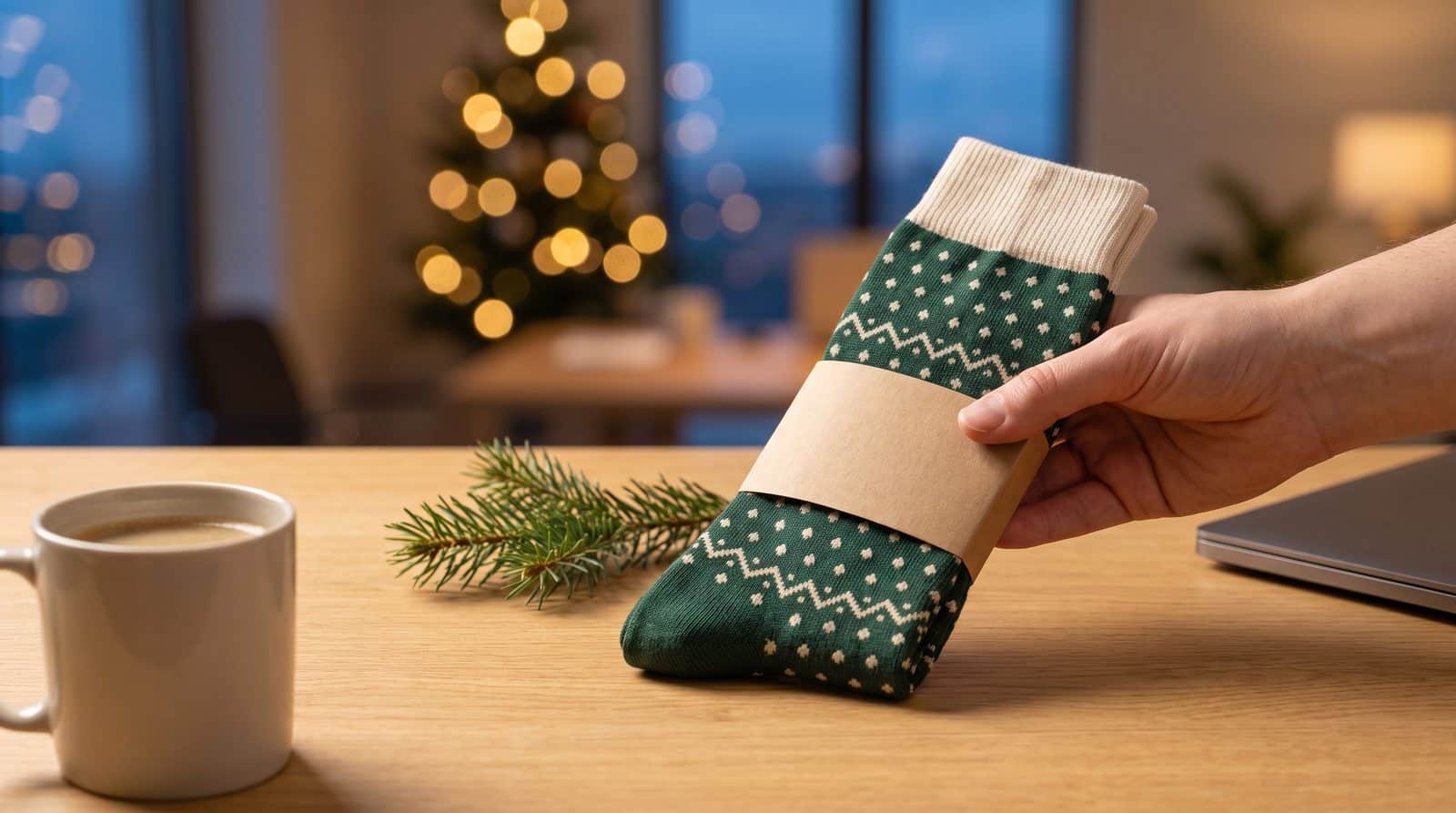 Weihnachtsgeschenk für Mitarbeiter: ein Paar personalisierte Socken auf einem Schreibtisch