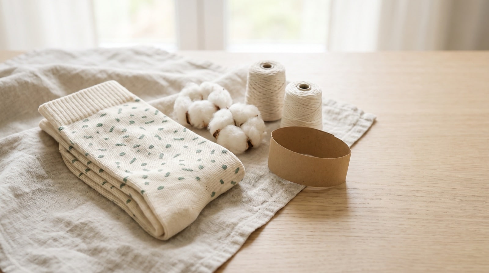 Paire de chaussettes en coton naturel posée sur du lin, à côté de coton brut et de bobines de fil écru