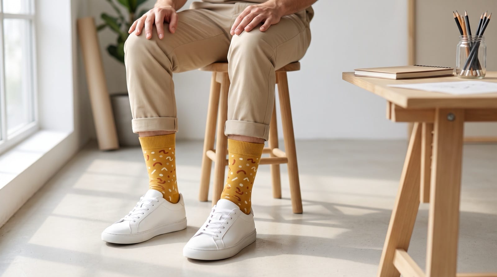 Chaussettes jaunes à motifs portées avec un chino retroussé et des baskets blanches dans un studio lumineux
