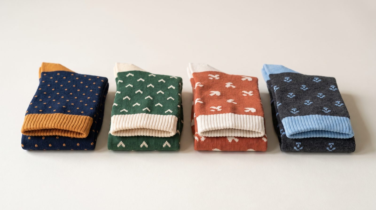 Vier Paar personalisierte Socken in den Farben von vier Unternehmen