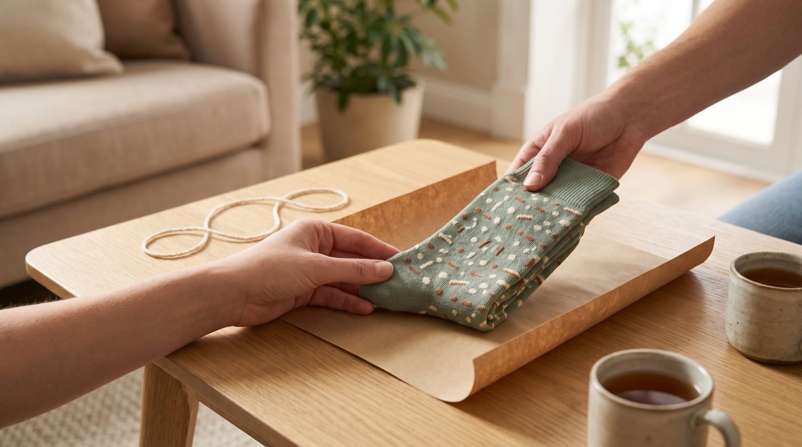 Une paire de chaussettes vert sauge tendue d une main à l autre sur du papier kraft, autour de deux tasses de thé