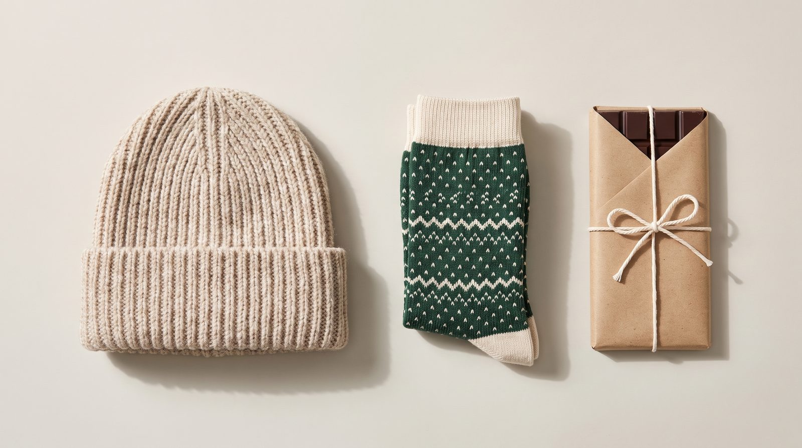 Winter-Geschenkpaket für Mitarbeiter: Mütze, personalisierte Socken und handwerklich hergestellte Schokolade