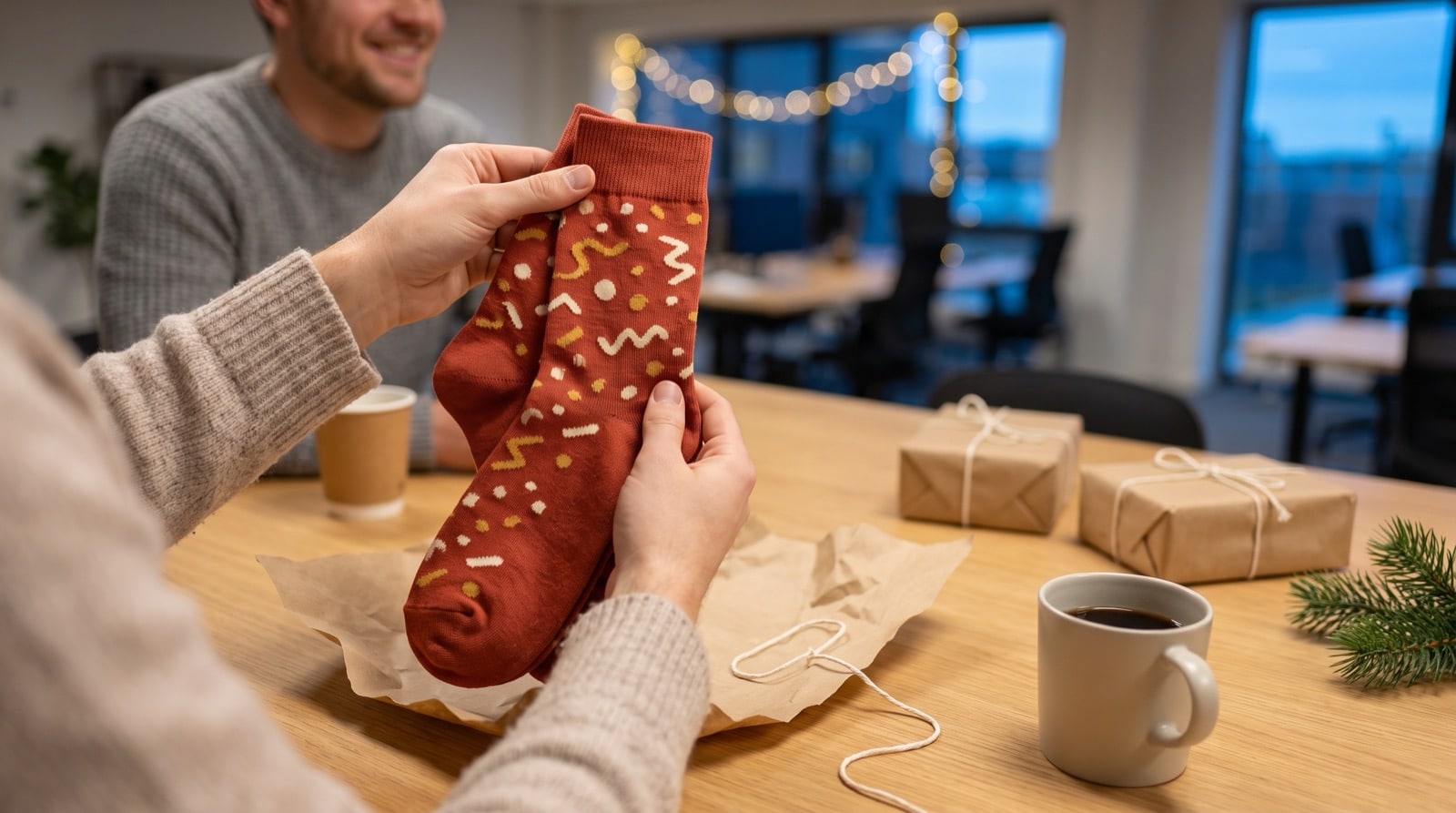 Échange de cadeau Secret Santa entre collègues, une paire de chaussettes à motifs tout juste déballée